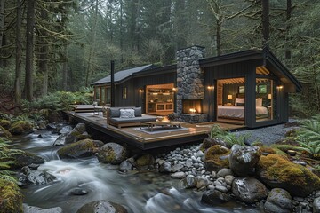 Obraz premium Enchanted Forest Retreat: Cozy Cabins, Babbling Brook, Birds Chirping