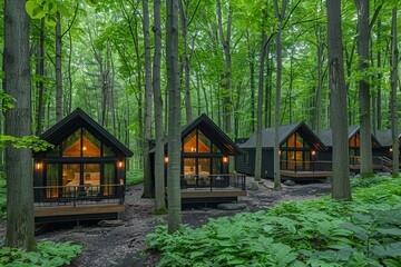 Enchanted Retreat: Cabins Among Towering Trees with Floor-to-Ceiling Windows and Private Balconies