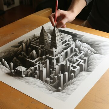 The hand draws an architectural structure. Engineer. Artist. Drawing of the building. 3d