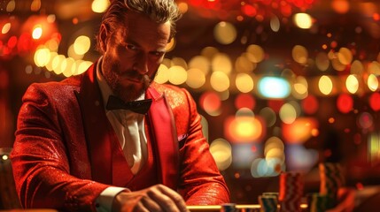 Fototapeta premium High-roller in a private gaming lounge, In luxurious formal wear Clean and lavish casino-themed studio background