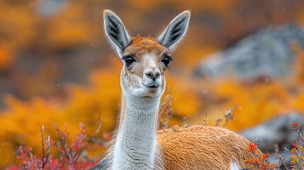 Fototapeta premium close up of cute Guanaco animal in Torres del Paine National Park, Patagonia