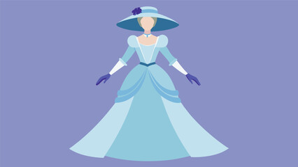An elegant Georgian dress in pastel blue with a widebrimmed hat and silk gloves perfect for a colonial tea party.. Vector illustration