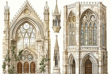 Fototapeta premium Gothic Architectural Icons: Pointed Arches, Ribbed Vaults, Stained Glass, Stonework