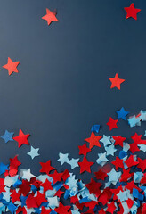 4th of July celebratory background, paper stars, blue and red