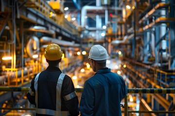 Two workers, seen from behind, observing operations at an industrial facility