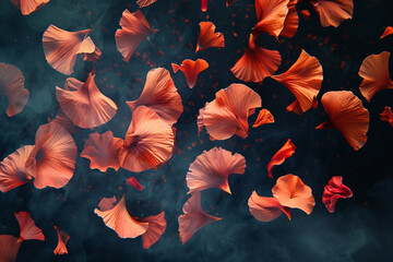 A surreal composition of floating flower petals against a dark background, evoking a dream-like atmosphere.