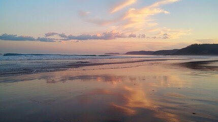 A beautiful sunset over a beach where the clouds are reflected in the calm waters, creating a stunning natural landscape with a fluid atmosphere AIG50