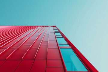A sleek and modern red high-rise building against a clear blue sky.