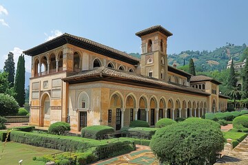 Fototapeta premium Masterpiece of Elegance: Majestic Islamic Palace with Gren Lanterns and Mosaic Gardens