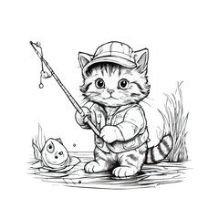Black and white coloring book page of catfishing with a fishing rod vector design
