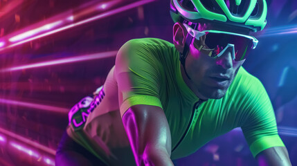 dynamic cyclist racing in futuristic neon environment, with the yellow winner jersey