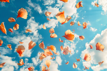 A surreal composition of floating flower petals against a backdrop of wispy clouds in a clear blue sky.