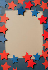 4th of July celebratory background, paper stars, blue and red