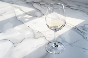 A single wine glass on a polished marble surface.