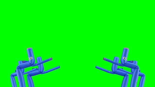 cycled animation of Inflatable blue sky dancers moving wit the air. Funny cartoon characters party, isolated on green background.