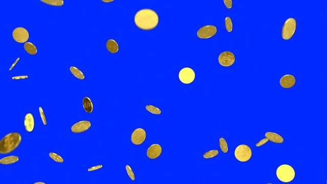 The exploding gold coins on bluescreen background 