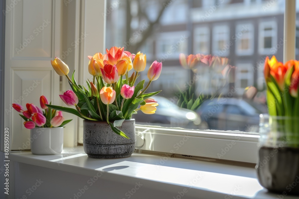 Poster a window sill with a vase of flowers and a jar of flowers. the flowers are in different colors and a