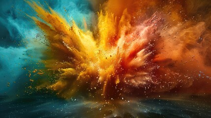 Fototapeta premium Abstract art featuring an explosive blend of vibrant colors in space, scattering bright particles across a dark background.