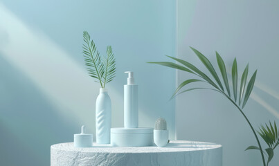 tranquil blue skincare product display with natural elements and soft lighting