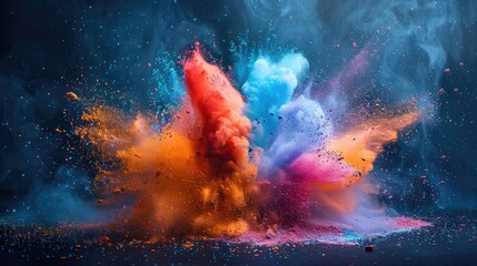 Abstract art featuring an explosive blend of vibrant colors in space, scattering bright particles across a dark background.