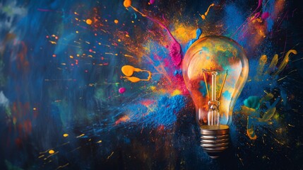 Lightbulb eureka moment with Impactful and inspiring artistic colourful explosion of paint energy - obrazy, fototapety, plakaty