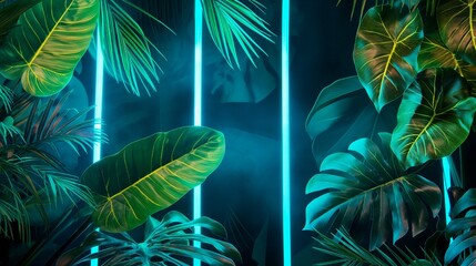 Tropical monstera leaves with neon light - 3D render