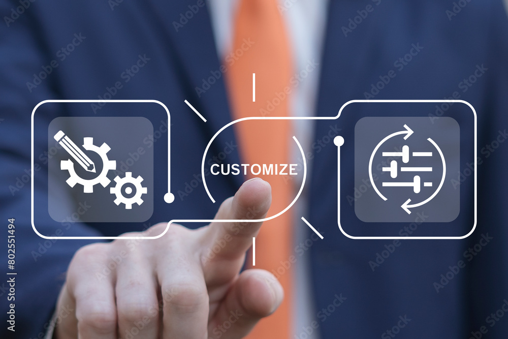 Poster business man using virtual touch screen presses word: customize. concept of customize business produ