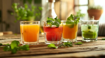 Glasses of fresh juice on an old wooden table