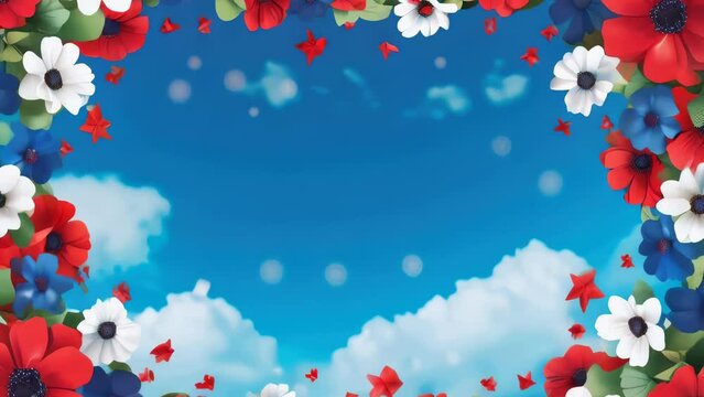 A blue sky with a red, white, and blue flower border