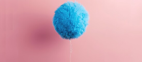 Blue balloon made of fur floating against a pink backdrop. Simplistic design concept.
