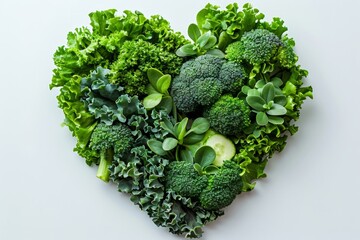 Heartshaped broccoli made with green leaf vegetable on a white background