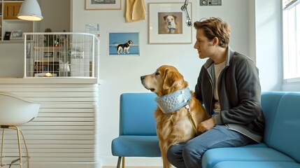 Man and Dog Sitting on a Blue Couch in a Cozy Living Room, Enjoying a Quiet Moment Together, Serene Atmosphere Captured. AI