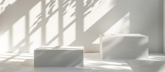 White square platforms under sunlight casting shadows on a white backdrop. Modern fashion presentation for cosmetics, merchandise, footwear, handbags, and timepieces.