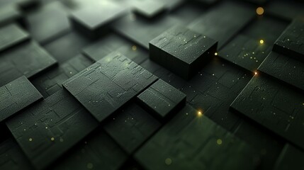 3d render, abstract background with dark green geometric and golden lights
