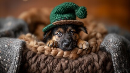 Adorable Eight-Week-Old Mixed Shepherd Puppy in a Cozy Knit Blanket Wearing a Cute Green Hat