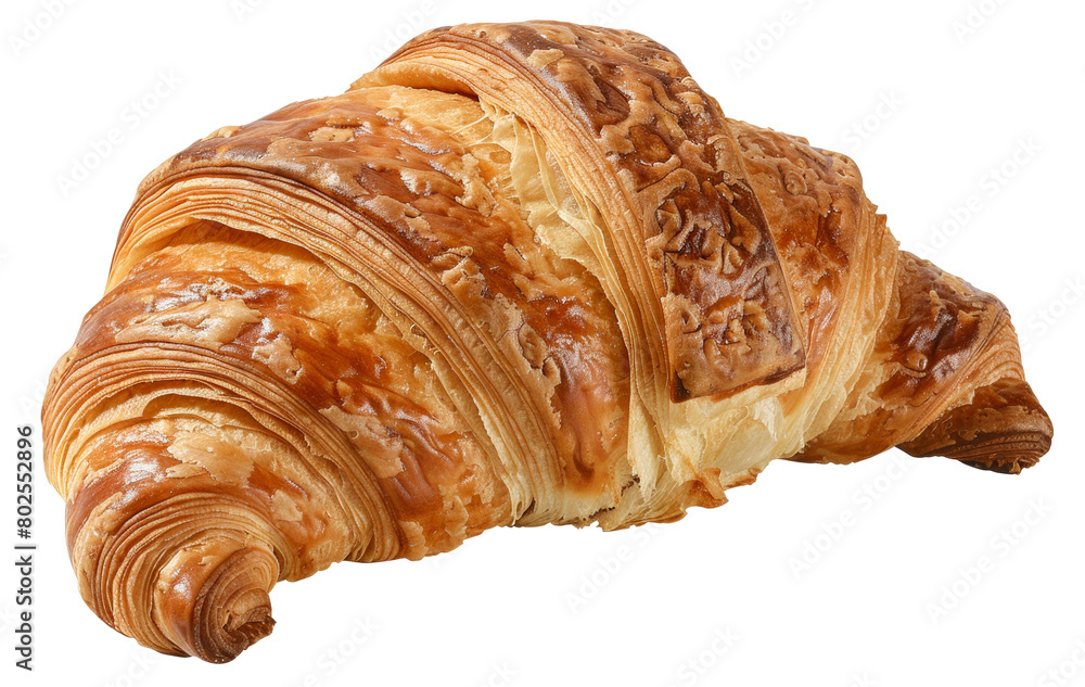 Poster golden croissant with flaky texture isolated on transparent background