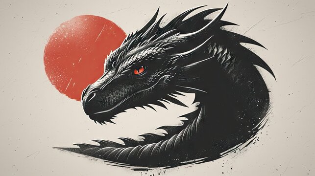 Stylized Black Dragon Head With Red Sun Background, Fantasy Art Illustration