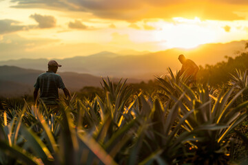 Farm Harvesting a pineapple  in the Field, fresh ripe fruit. Farm workers picking fresh ripe fruit, beautiful sunset.