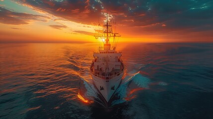 Ship Sailing at Sunset on Calm Sea