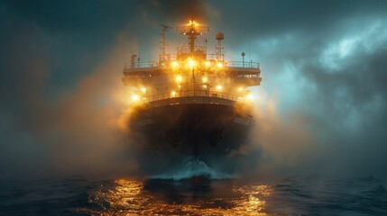 Fototapeta premium Mysterious Ship Emerging From Foggy Sea at Night