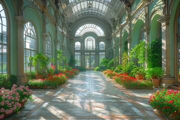 Ethereal Elegance: Crystalline Architecture Amidst Verdant Gardens and Celestial Light