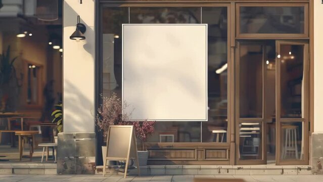 A white sign is on the window of a store