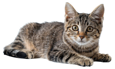 Obraz premium Tabby cat with striking yellow eyes lying down isolated on transparent background
