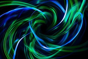 Dynamic neon swirls creating a hypnotic pattern of green and blue hues. Abstract art on black background.