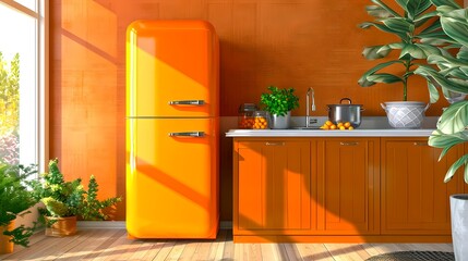 Bright Orange Retro-style Refrigerator in a Modern Kitchen Interior with Sunlight. Cozy Home Design...