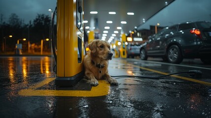 Golden Retriever Waiting by Electric Charging Station on Rainy Evening