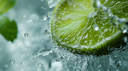 Macro Close-Up: Zoom in on a single mint leaf, lime slice, or cherry as it interacts with the water splash, capturing the intricate details and textures in a captivating close-up shot. Generative AI