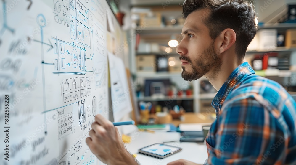 Poster focused male engineer analyzing complex blueprints in a workshop. creative workspace atmosphere. con