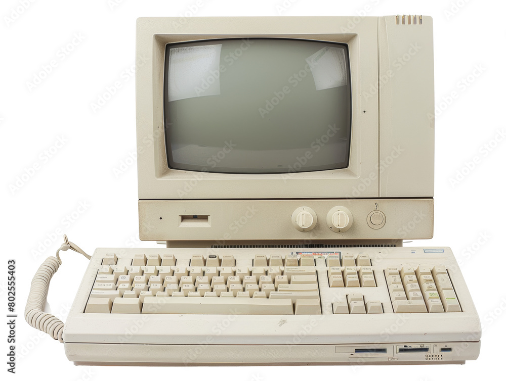 Poster vintage personal computer with keyboard from the 1980s isolated on transparent background