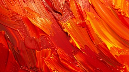 Bold brushstrokes of vibrant red and orange paint create a fiery texture.